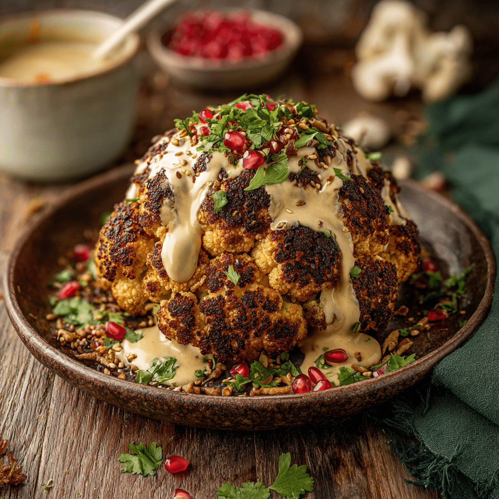 Whole Roasted Cauliflower with Maple Tahini