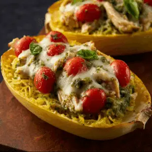 Pesto Chicken Stuffed Spaghetti Squash