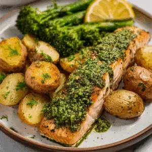 Pesto Salmon with Potatoes & Broccoli