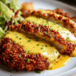 Pretzel Chicken with Cheddar Sauce