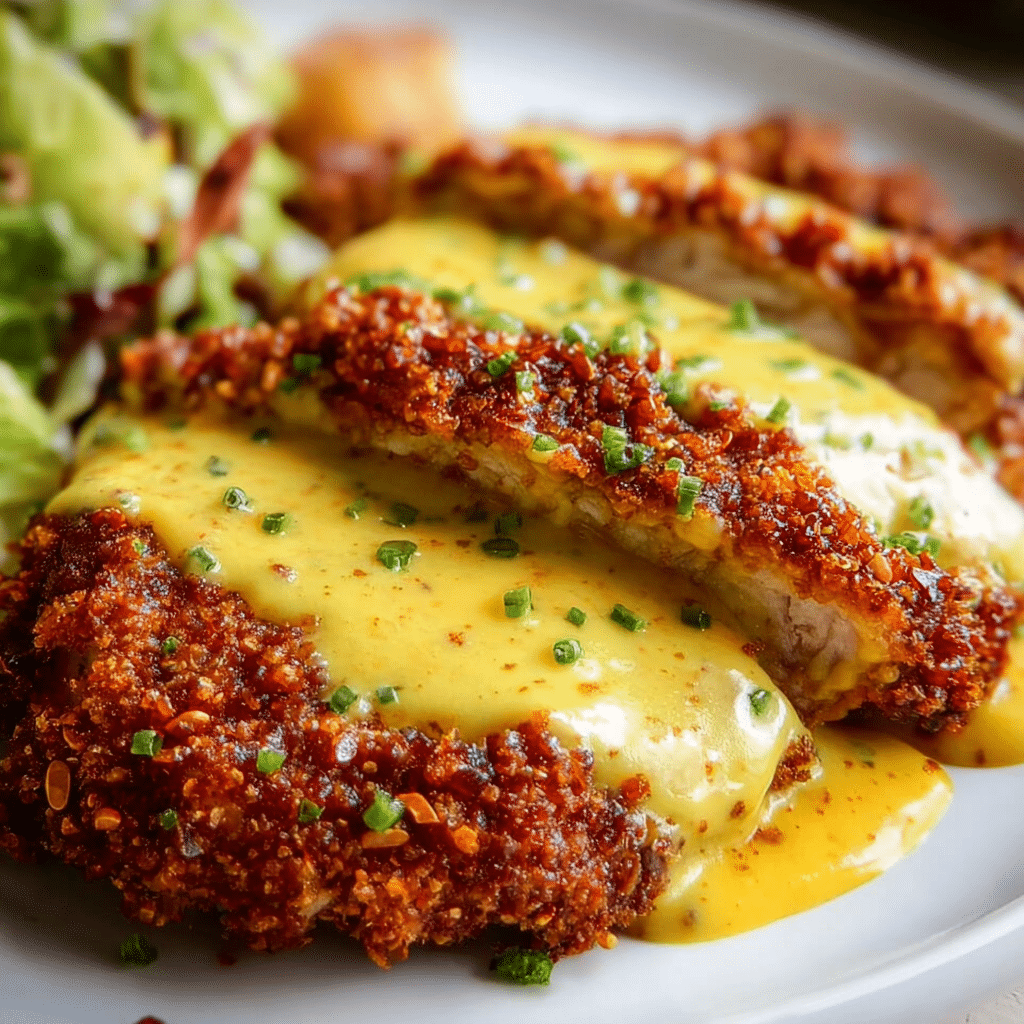 Pretzel Chicken with Cheddar Sauce