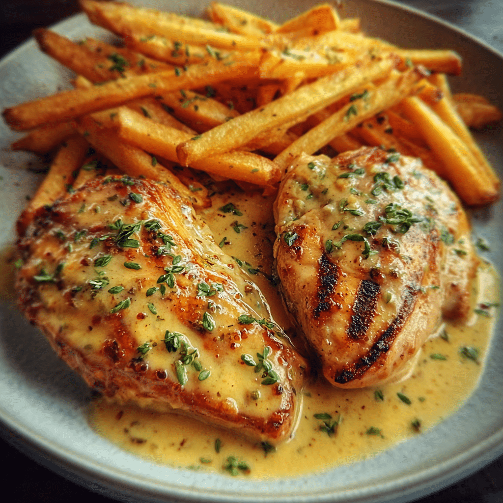 Chicken Fillet in Spicy, Creamy Garlic-Parmesan Sauce with Fries