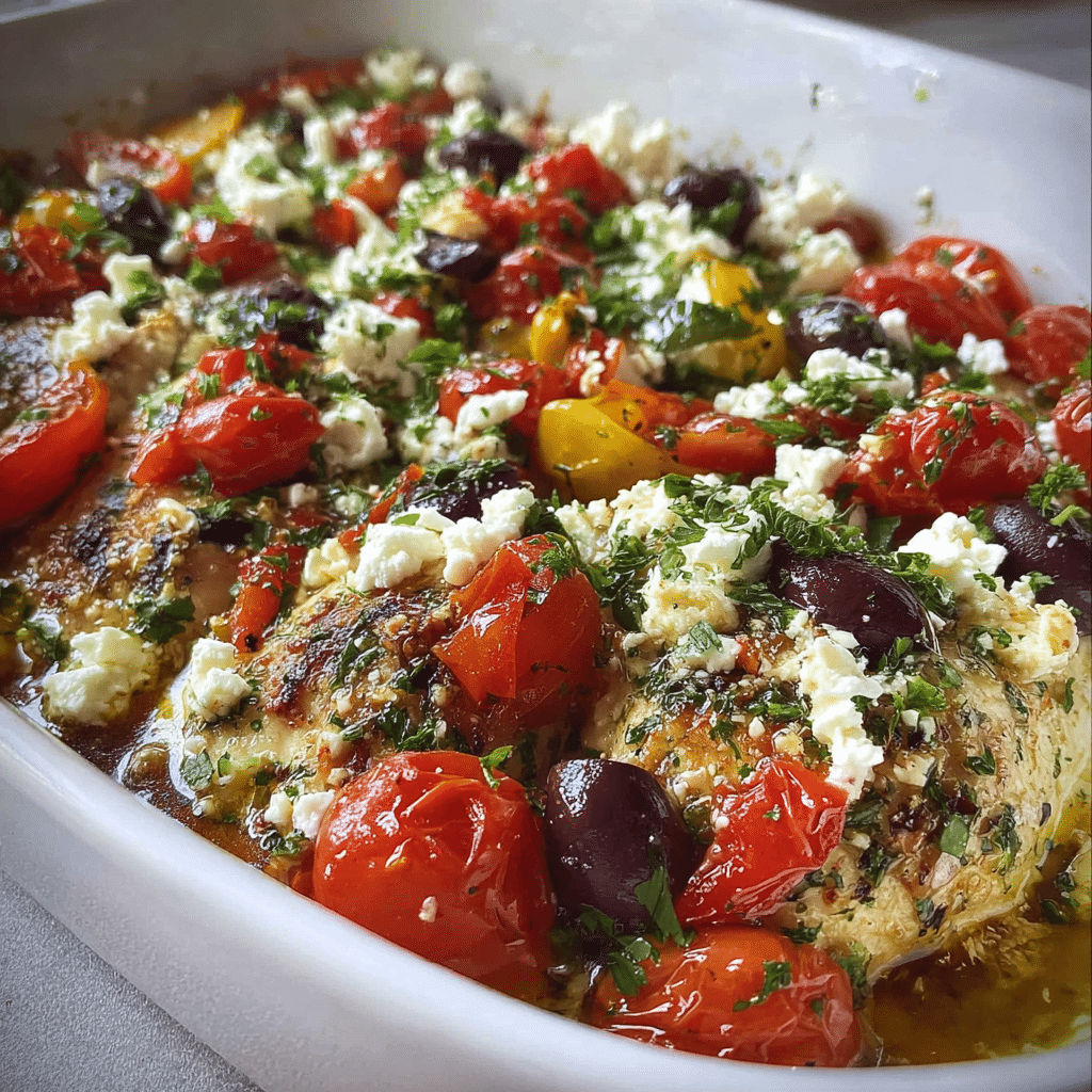 Greek Chicken Bake with Feta, Olives & Tomatoes